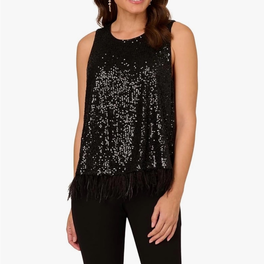 NWT Adrianna Papell Womens Sleeveless Sequin Top W Feather Trim Hem size Small